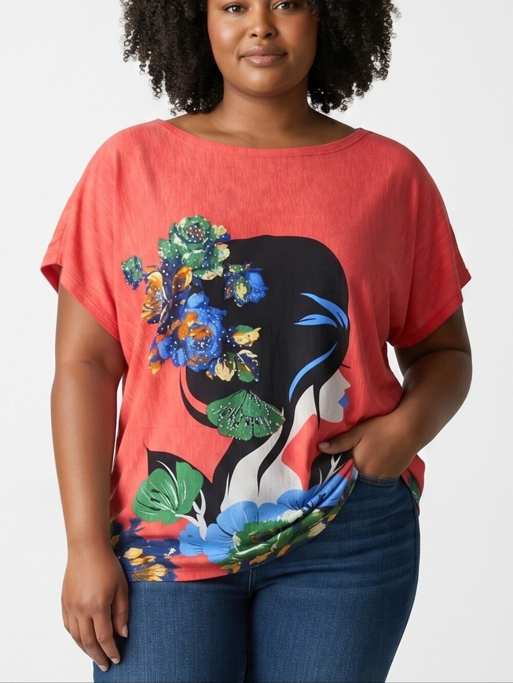 Coral Floral and Face Graphic Dolman Tunic
